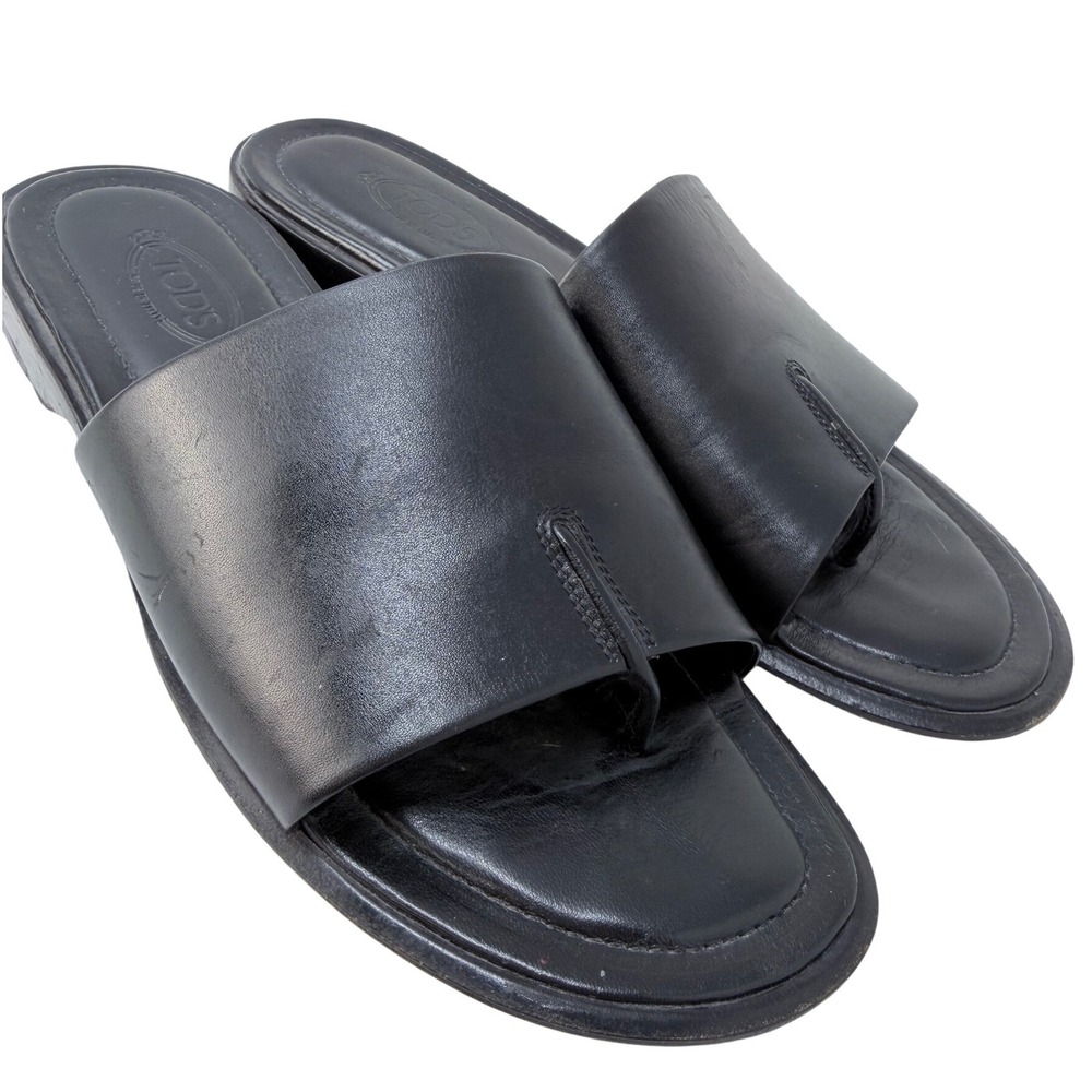 Tods Black Leather Thong Slide Sandals Gommini Sole Made in Italy Womens 7.5